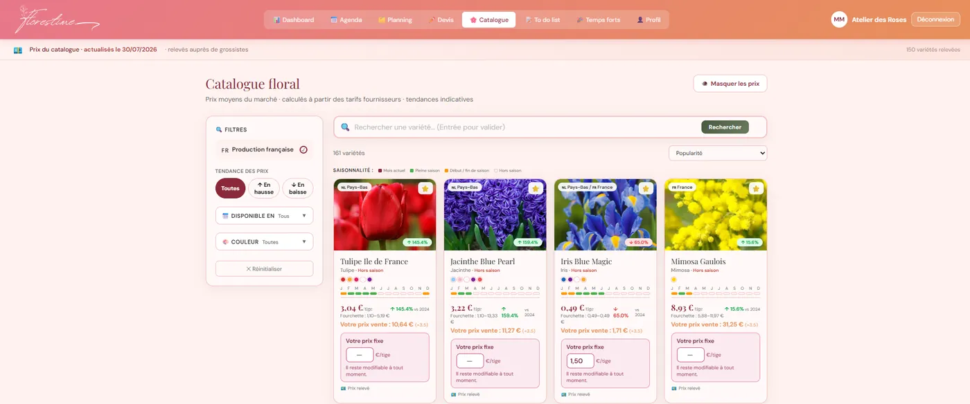 Catalogue floral Florestime avec les prix et la saisonnalité de chaque fleur